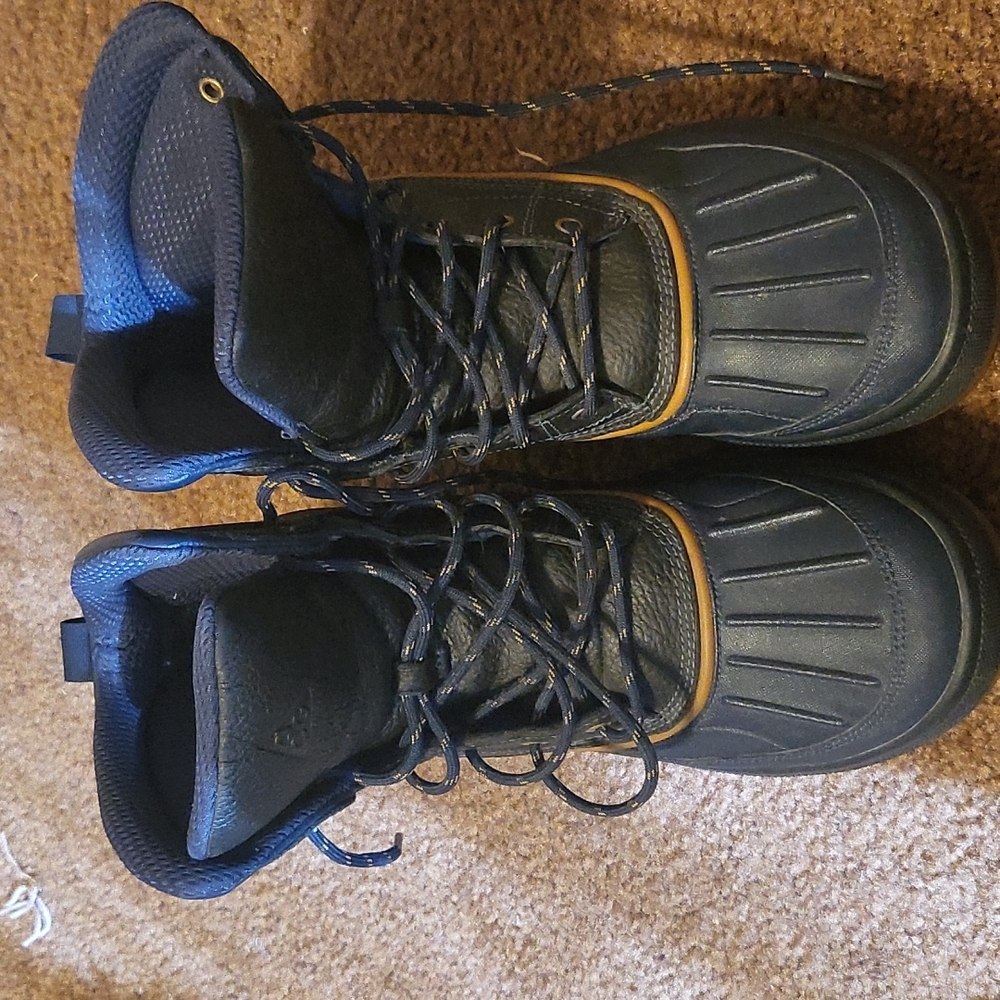 Worn once, Nike leather rain boots blue w/tan trim